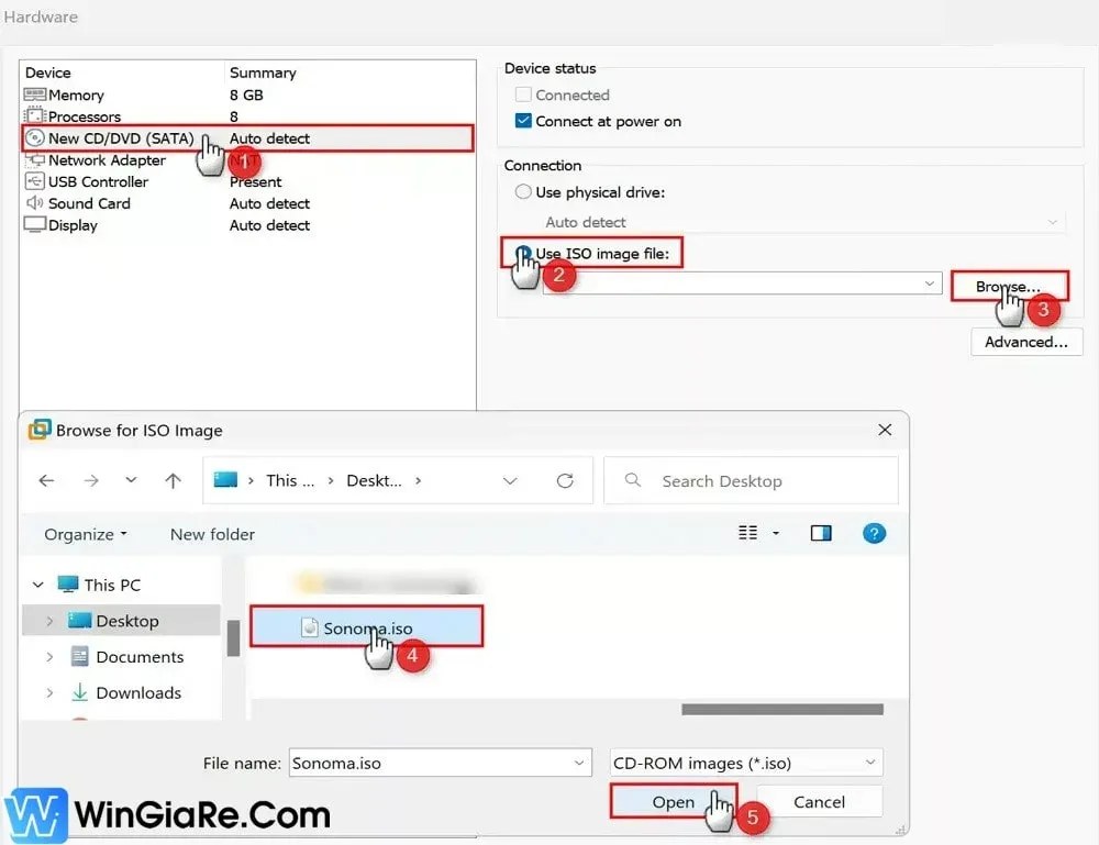 Liên kết file ISO macOS 14 với ổ đĩa CD/DVD ảo để cài mac os trên vmware