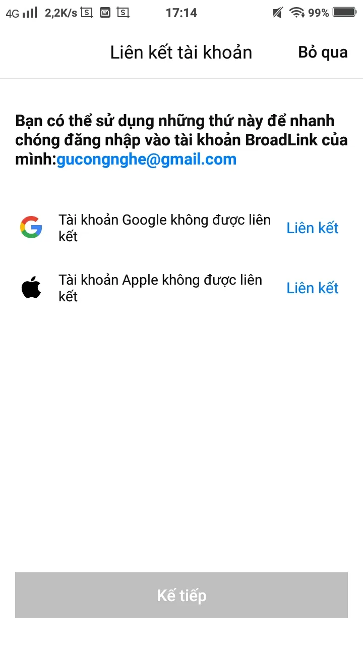 Liên kết tài khoản BroadLink với Google hoặc Apple