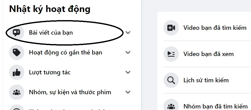 Lựa chọn 'Bài viết của bạn' trong Nhật ký hoạt động