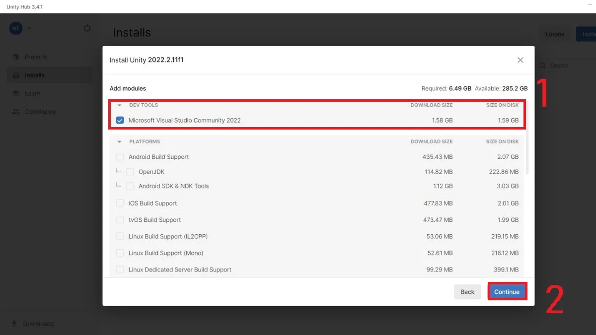 Lựa chọn các Module hỗ trợ nền tảng (Build Support) khi thực hiện cách cài unity