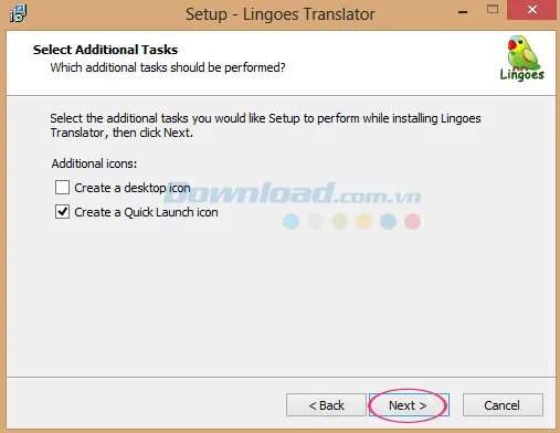 Lựa chọn các tác vụ bổ sung như tạo shortcut trên desktop trước khi cài đặt