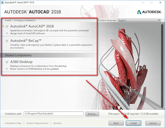 Lựa chọn các tùy chọn và đường dẫn cài đặt AutoCAD 2018