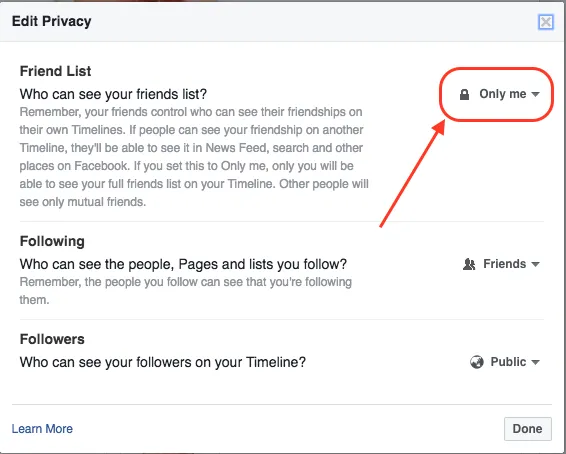 Lựa chọn chế độ Chỉ riêng tôi trong cài đặt quyền riêng tư Facebook