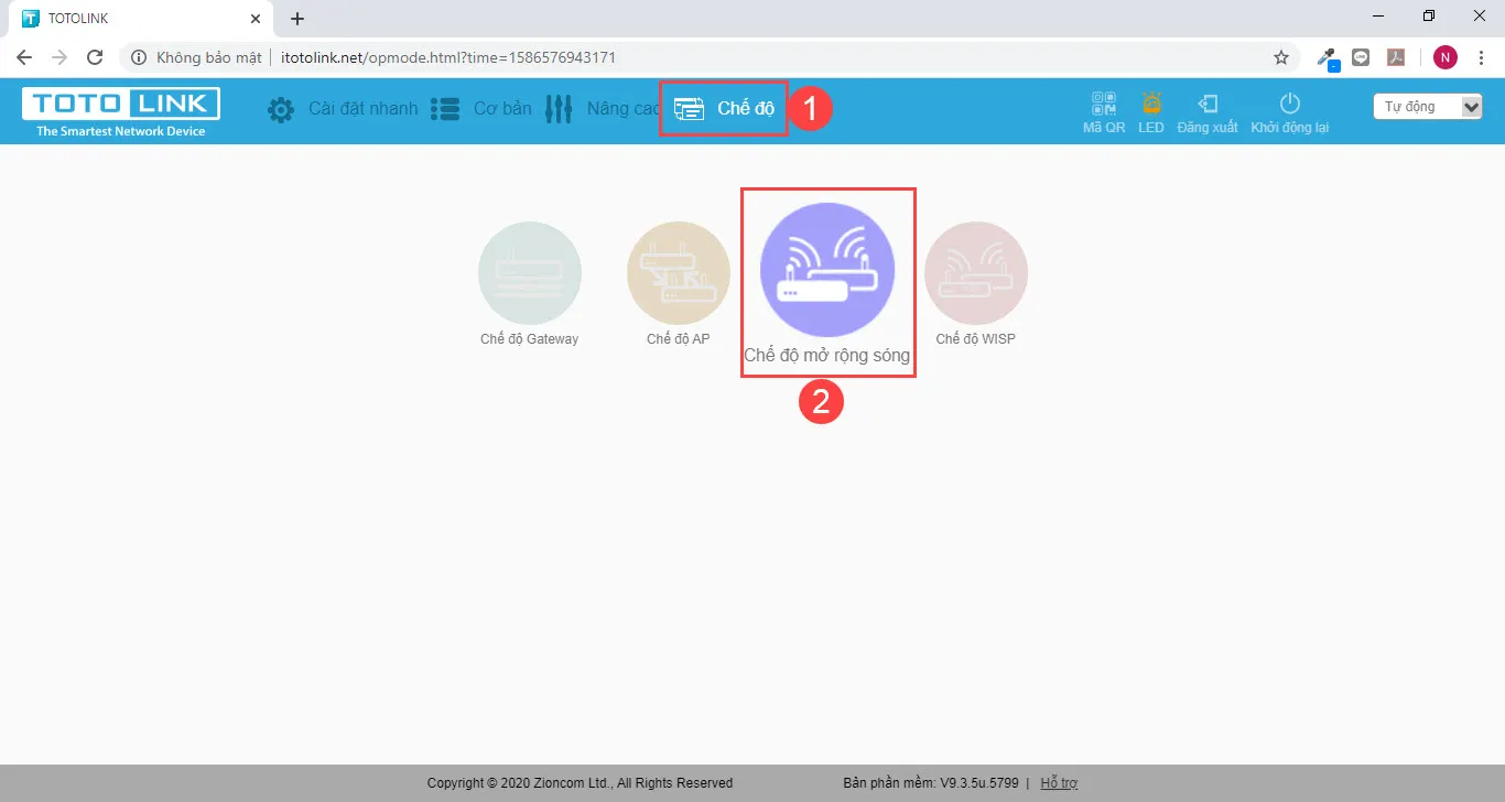 Lựa chọn chế độ hoạt động totolink n302r plus là mở rộng sóng