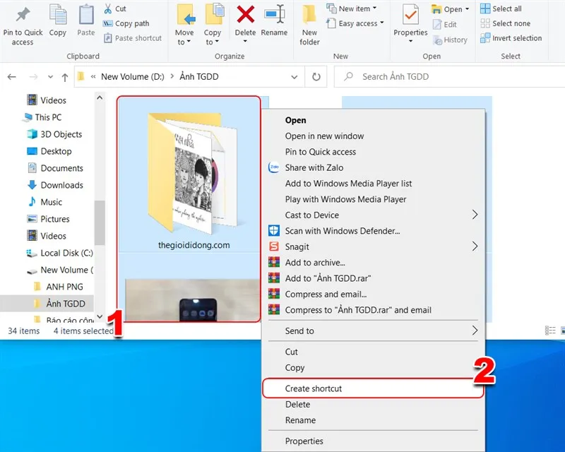 Lựa chọn Create shortcuts here sau khi kéo file bằng chuột phải