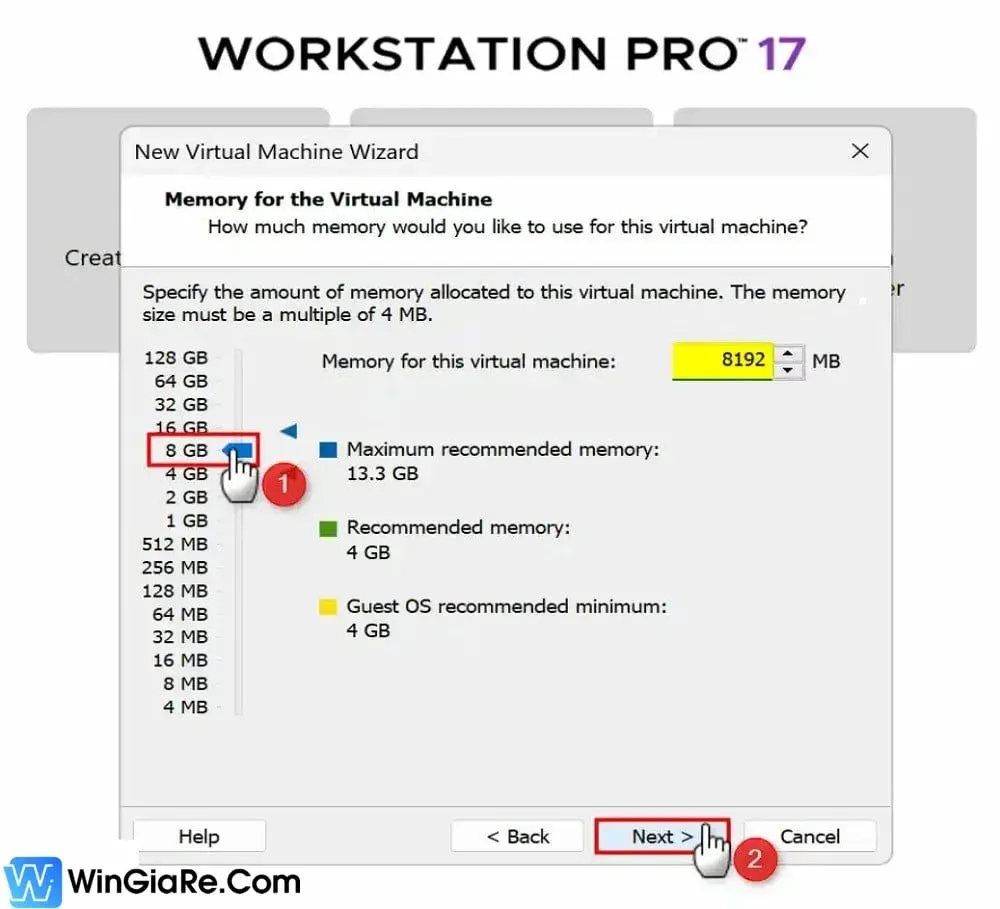 Lựa chọn dung lượng bộ nhớ (RAM) phân bổ cho VM macOS