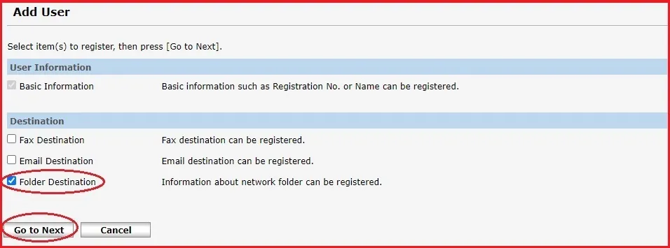 Lựa chọn Folder Destination để cấu hình scan máy photocopy Ricoh