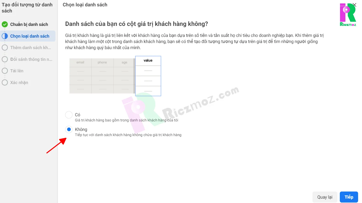 Lựa chọn giá trị của tệp khách hàng khi chạy quảng cáo Facebook