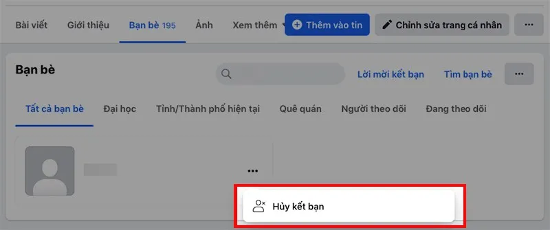 Lựa chọn hủy kết bạn với người đã vô hiệu hóa