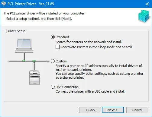 Lựa chọn kiểu kết nối (USB, Standard, Custom) trong trình cài đặt Setup.exe