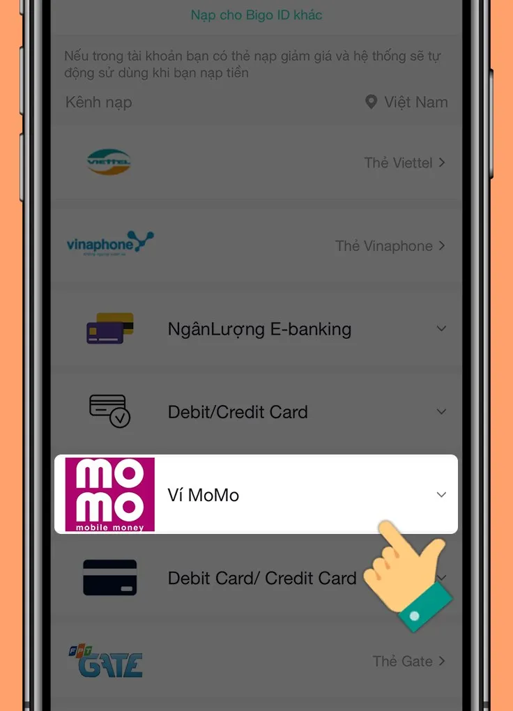 Lựa chọn Momo làm phương thức thanh toán để nạp kim cương Bigo Live
