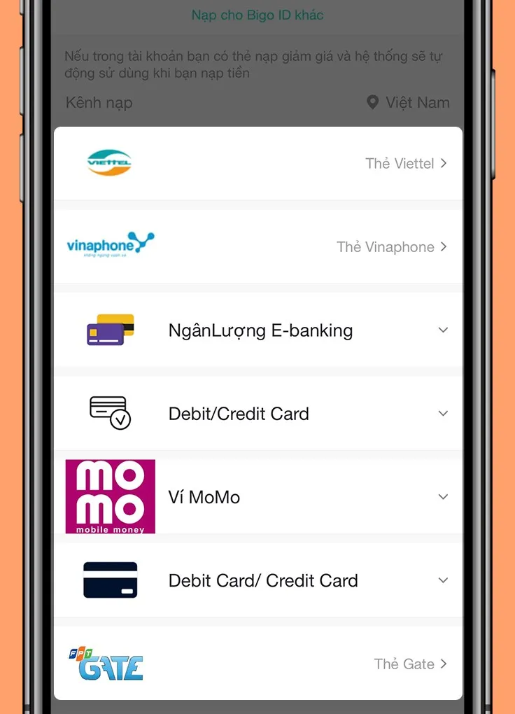 Lựa chọn một trong các phương thức thanh toán được Bigo Live hỗ trợ để nạp kim cương