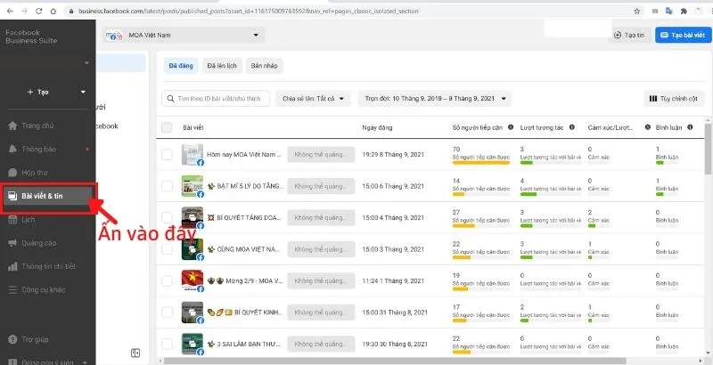 Lựa chọn mục Bài viết và tin trong quy trình cách tạo album ảnh trên fanpage facebook