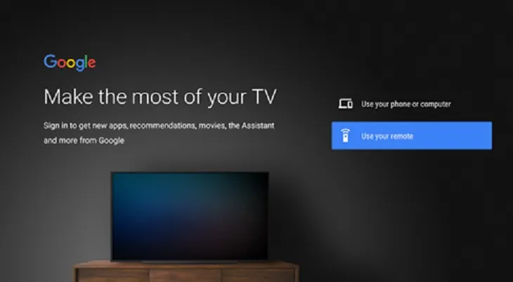 Lựa chọn phương thức đăng nhập tài khoản Google khi cài đặt tivi mới.