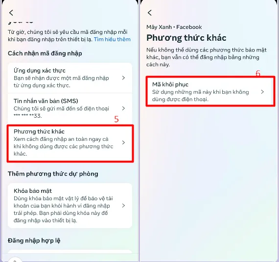 Lựa chọn Phương thức khác để hiển thị tùy chọn Mã khôi phục