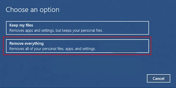 Lựa chọn 'Remove everything' để cài đặt win sạch sẽ hơn