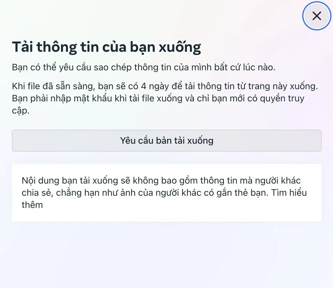 Lựa chọn Tải thông tin của bạn xuống từ menu Thông tin của bạn