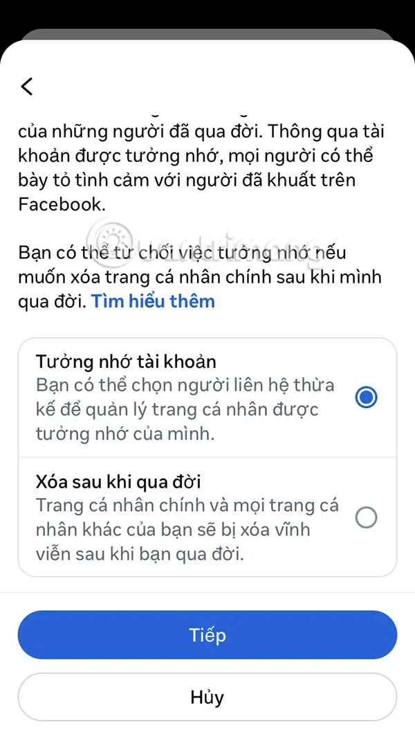 Lựa chọn Tưởng nhớ tài khoản hoặc Xóa vĩnh viễn Facebook