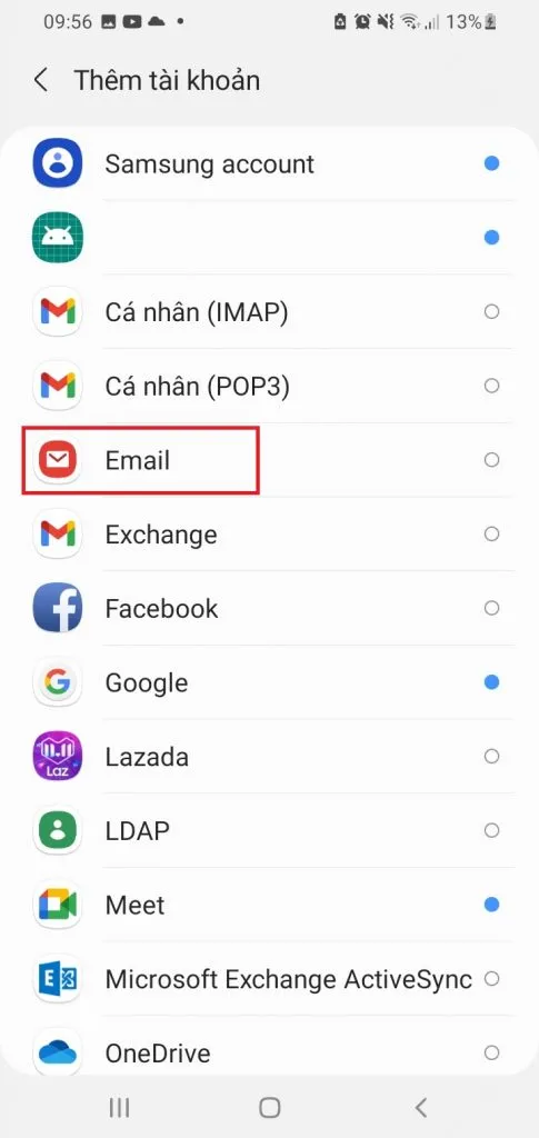 Lựa chọn ứng dụng Email trong danh sách các loại tài khoản để cài đặt