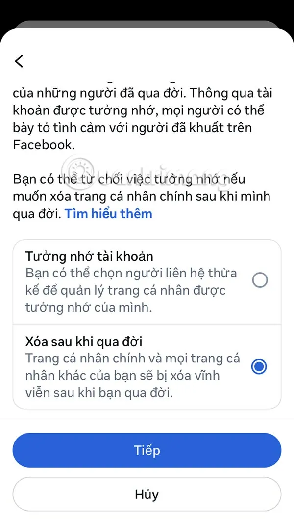 Lựa chọn Xóa tài khoản Facebook sau khi qua đời
