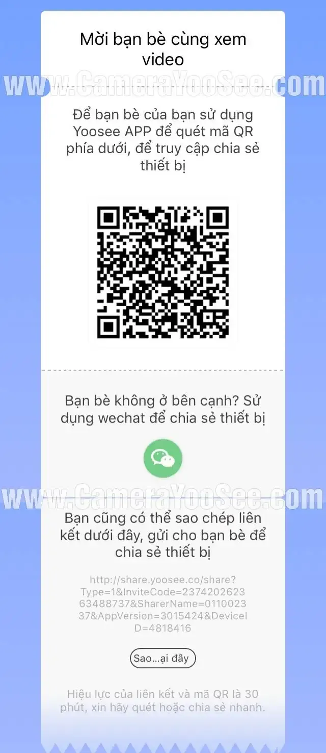 Mã QR Code và liên kết chia sẻ được tạo để cài đặt camera Yoosee trên 2 điện thoại