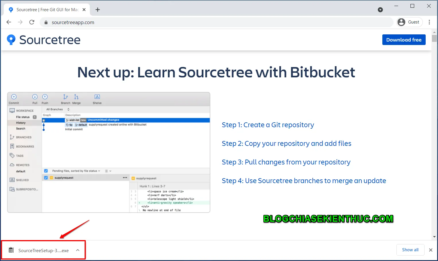 Màn hình bắt đầu cài đặt SourceTree và tùy chọn bỏ qua đăng ký Bitbucket