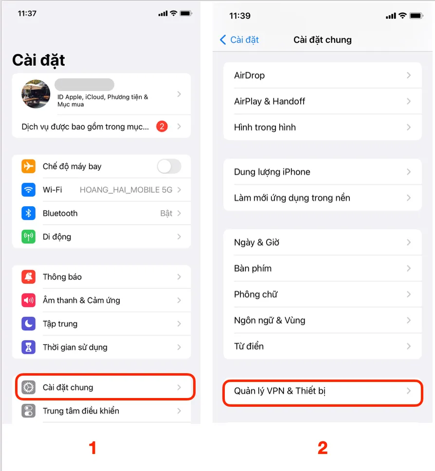 Màn hình cài đặt cấu hình sim docomo trong mục Quản lý VPN & Thiết bị của iPhone