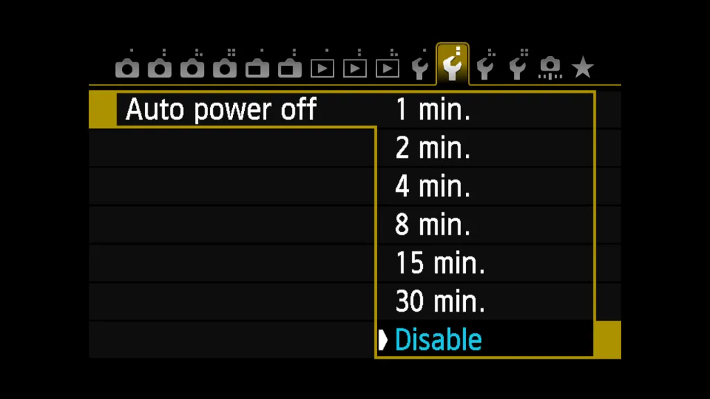 Màn hình cài đặt máy ảnh Canon với tùy chọn Auto Power Off