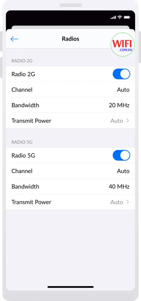 Màn hình cấu hình Radios (Sóng) để tối ưu hóa hiệu năng Wi-Fi