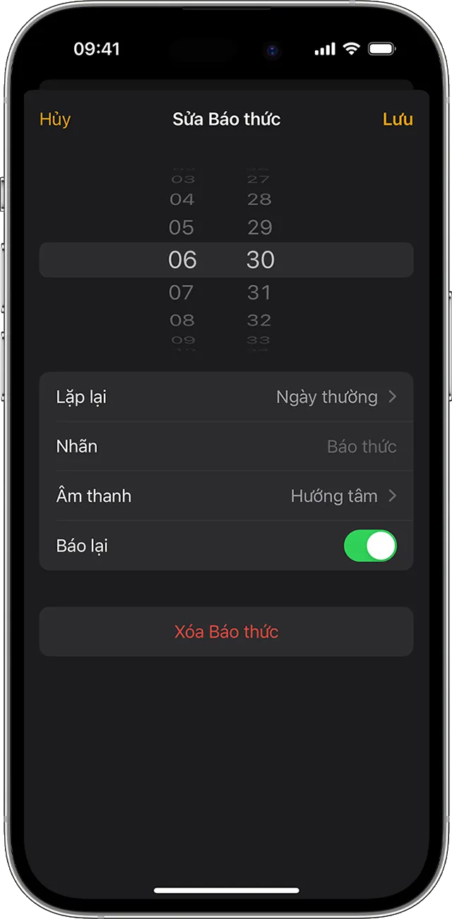 Màn hình chỉnh sửa báo thức trên iPhone, cho phép người dùng thay đổi chi tiết cài đặt báo thức
