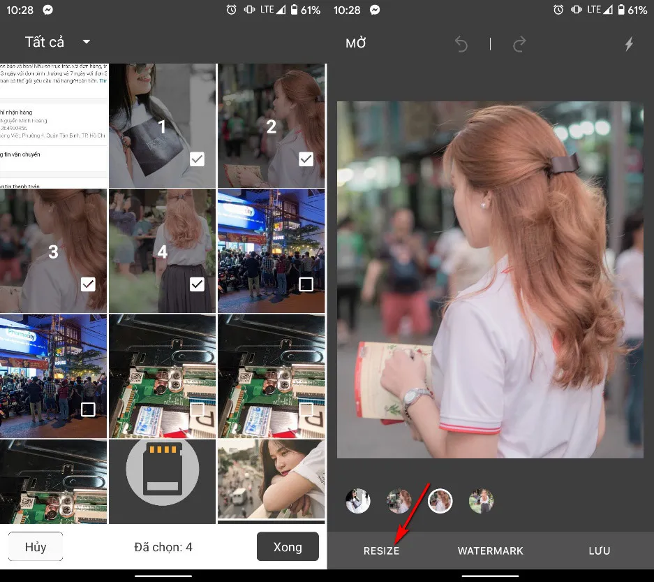 Màn hình chọn ảnh và nút Resize trong ứng dụng Quick Resize & Watermark