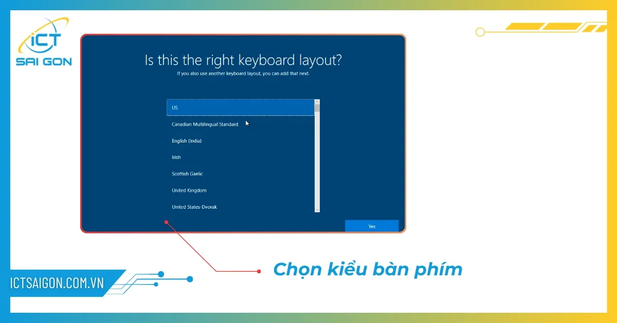 Màn hình chọn kiểu bàn phím, mặc định là US