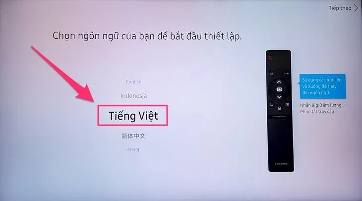 Màn hình chọn ngôn ngữ tiếng Việt trong quá trình cài đặt Smart tivi