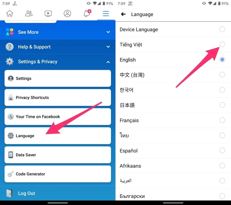 Màn hình chọn ngôn ngữ Tiếng Việt trong ứng dụng di động