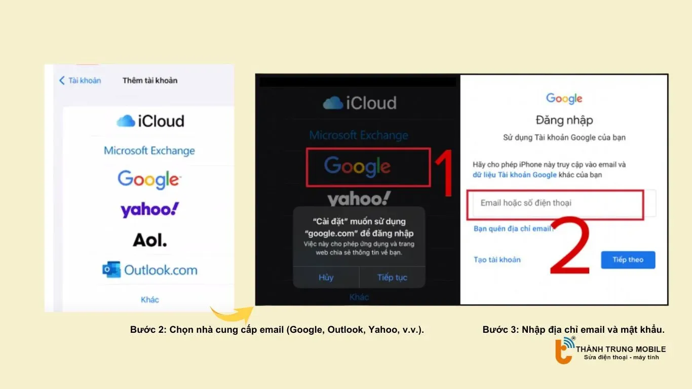 Màn hình chọn nhà cung cấp và nhập địa chỉ email, mật khẩu để thiết lập mail công ty tự động trên iPhone.