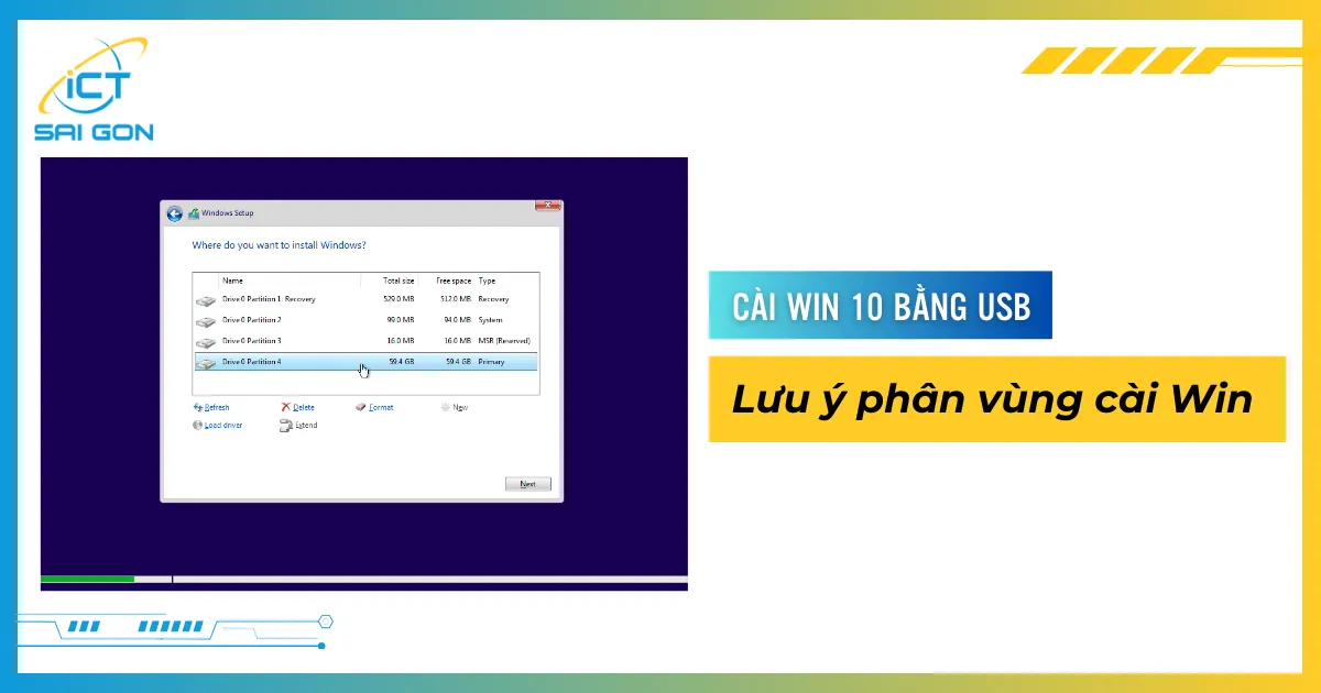 Màn hình chọn phân vùng chính sau khi format