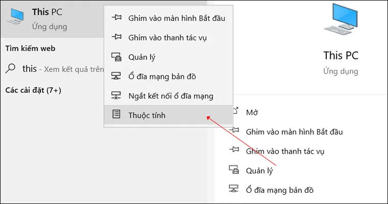 Màn hình chọn Properties (Thuộc tính) từ menu ngữ cảnh sau khi nhấp chuột phải vào This PC