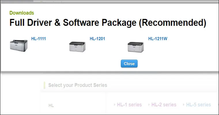 Màn hình chọn tên mẫu máy in cụ thể mà người dùng đang sử dụng, ví dụ Brother HL-2140