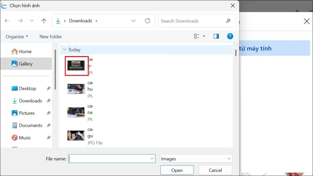 Màn hình chọn tệp ảnh mới để đặt làm ảnh đại diện Zalo