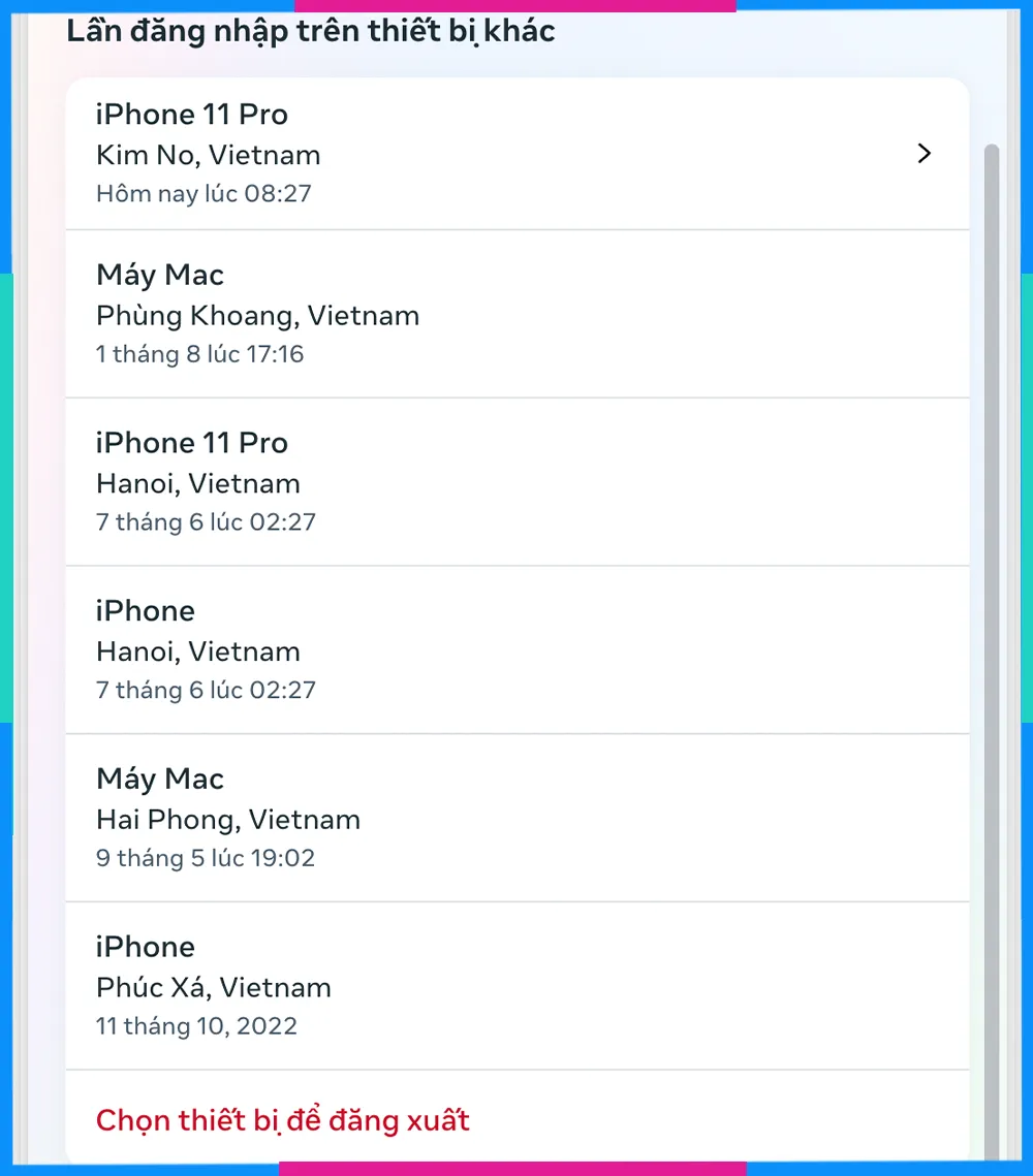 Màn hình Chọn thiết bị để đăng xuất khỏi tài khoản