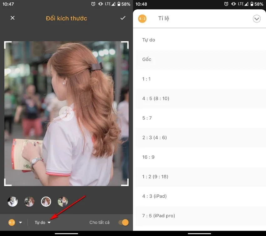 Màn hình chọn tỷ lệ và kích thước tùy ý hoặc mặc định