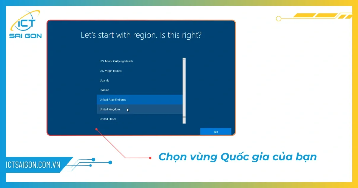 Màn hình chọn vùng quốc gia cho máy tính