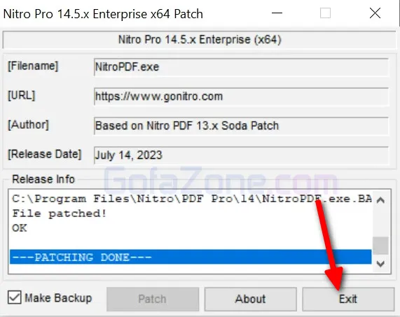 Màn hình chương trình kích hoạt hiển thị thông báo 'Patching Done' (Hoàn tất Kích hoạt) và nút 'Exit'