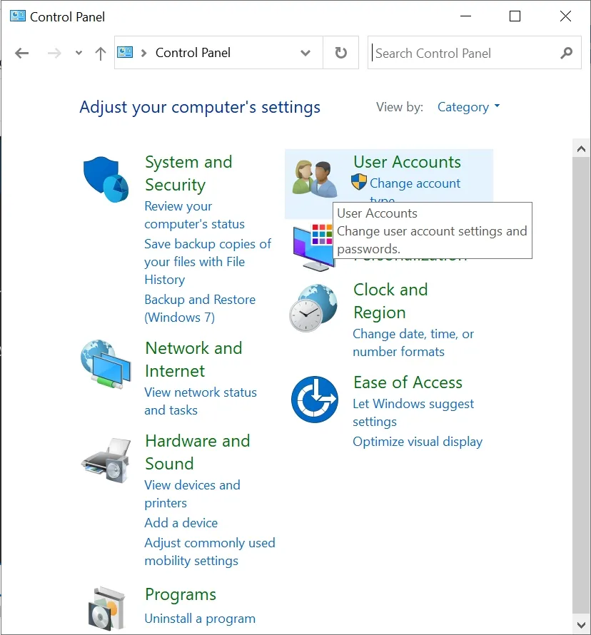 Màn hình Control Panel với mục User Account