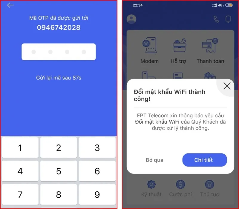 Màn hình cuối cùng thông báo xác nhận đã đổi mật khẩu WiFi FPT thành công