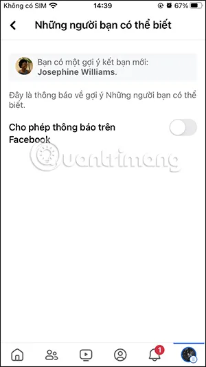 Màn hình đã tắt thông báo đề xuất kết bạn trên Facebook