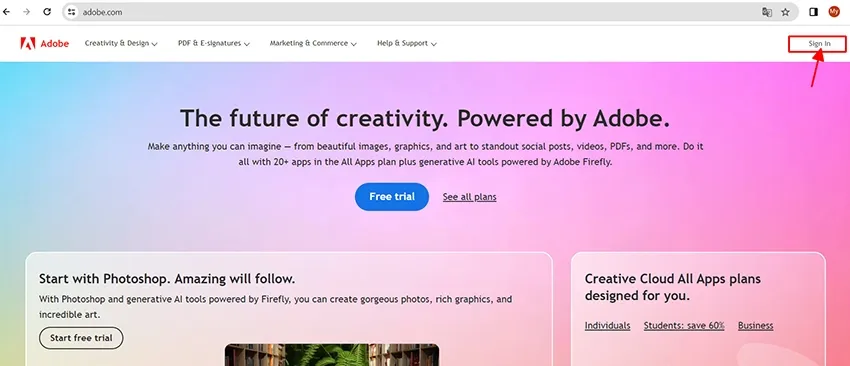 Màn hình đăng nhập Adobe, bước đầu tiên để biết cách cài AI