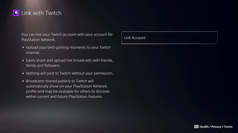 Màn hình đăng nhập tài khoản Twitch (hoặc YouTube) và cấp quyền cho ứng dụng trên PS4