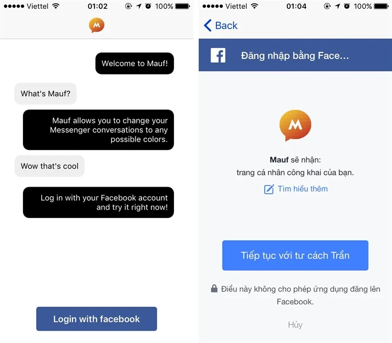 Màn hình đăng nhập ứng dụng Mauf để liên kết tài khoản Facebook