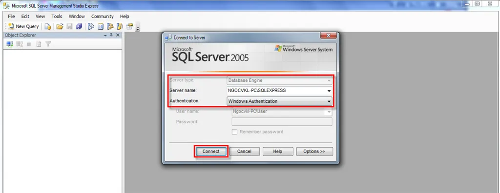 Màn hình đăng nhập vào SQL Server Management Studio Express để quản lý cơ sở dữ liệu
